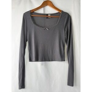 H&M‎ Divided Ribbed Long Sleeve Lace Trim Bow Scoop Neck Top Grey Medium